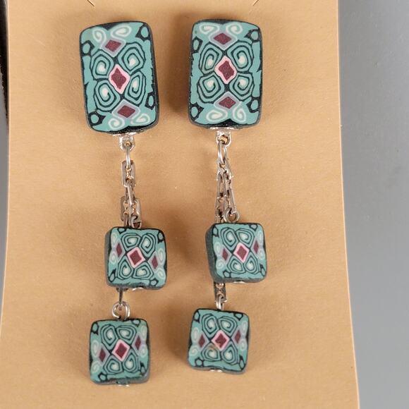 Handmade Polymer Clay Dangle Earrings Teal Pink Black Geometric Pattern Pierced - Picture 2 of 12